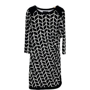 Donna Morgan black white stretch geometric zip ruched office preppy midi dress 8